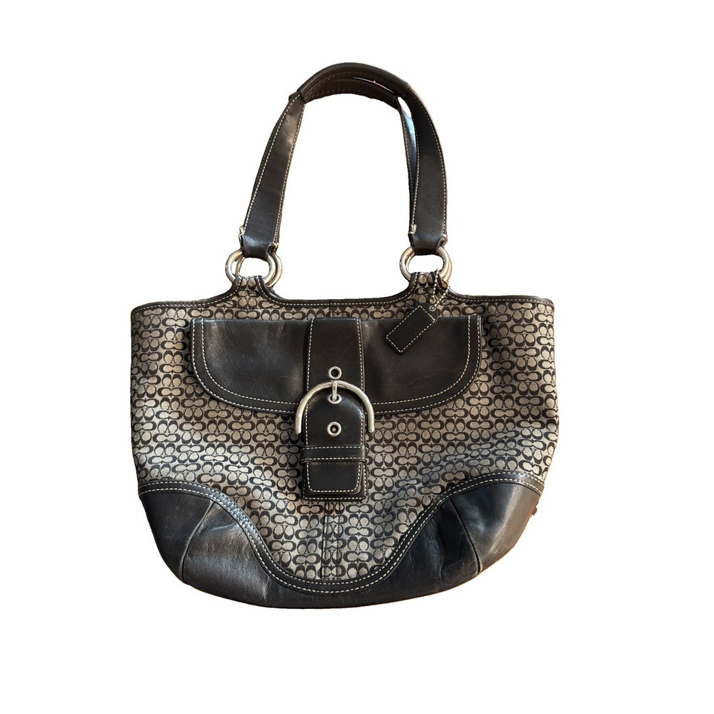 Vtg COACH #7081 Soho Signature Mini C's Black Leather Gray/Black Jacquard Purse